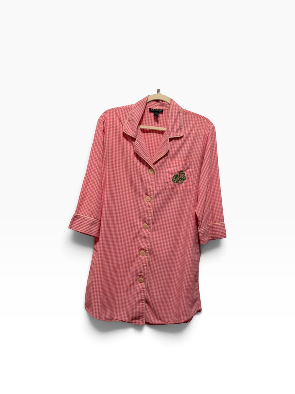 Lauren Ralph Lauren Pink Gingham Button-Down Sleep Shirt w/ Chest Embroidery MED